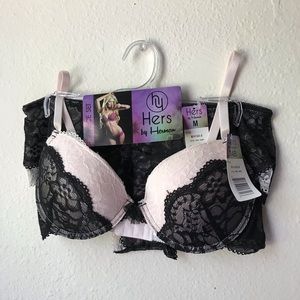 Lacy Push Up Bra Medium Panty Set Pink/Black 34B